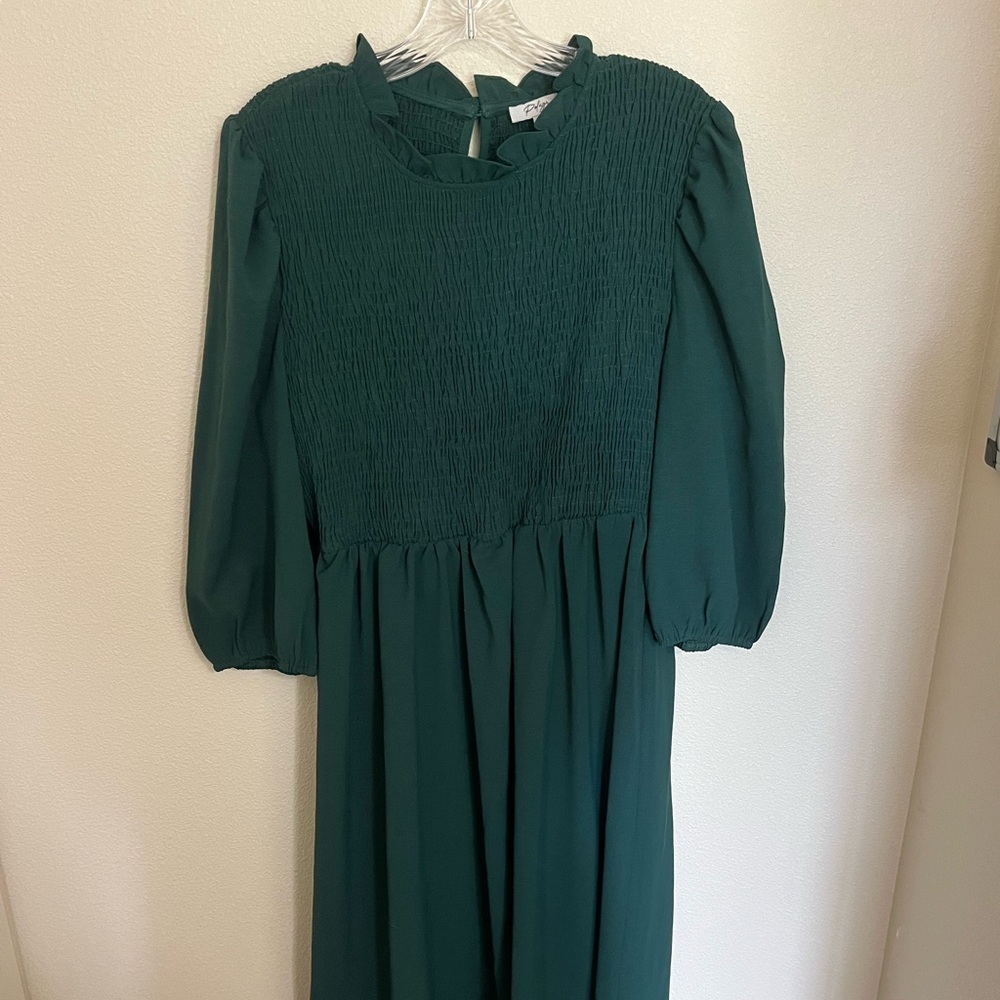 Green smocked long sleeve dress